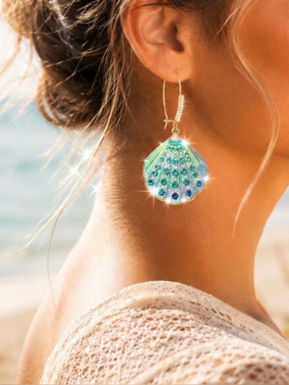 New Betsey Johnson Iridescent Shell Drop Earrings with Aqua Crystals - Picture 11 of 11
